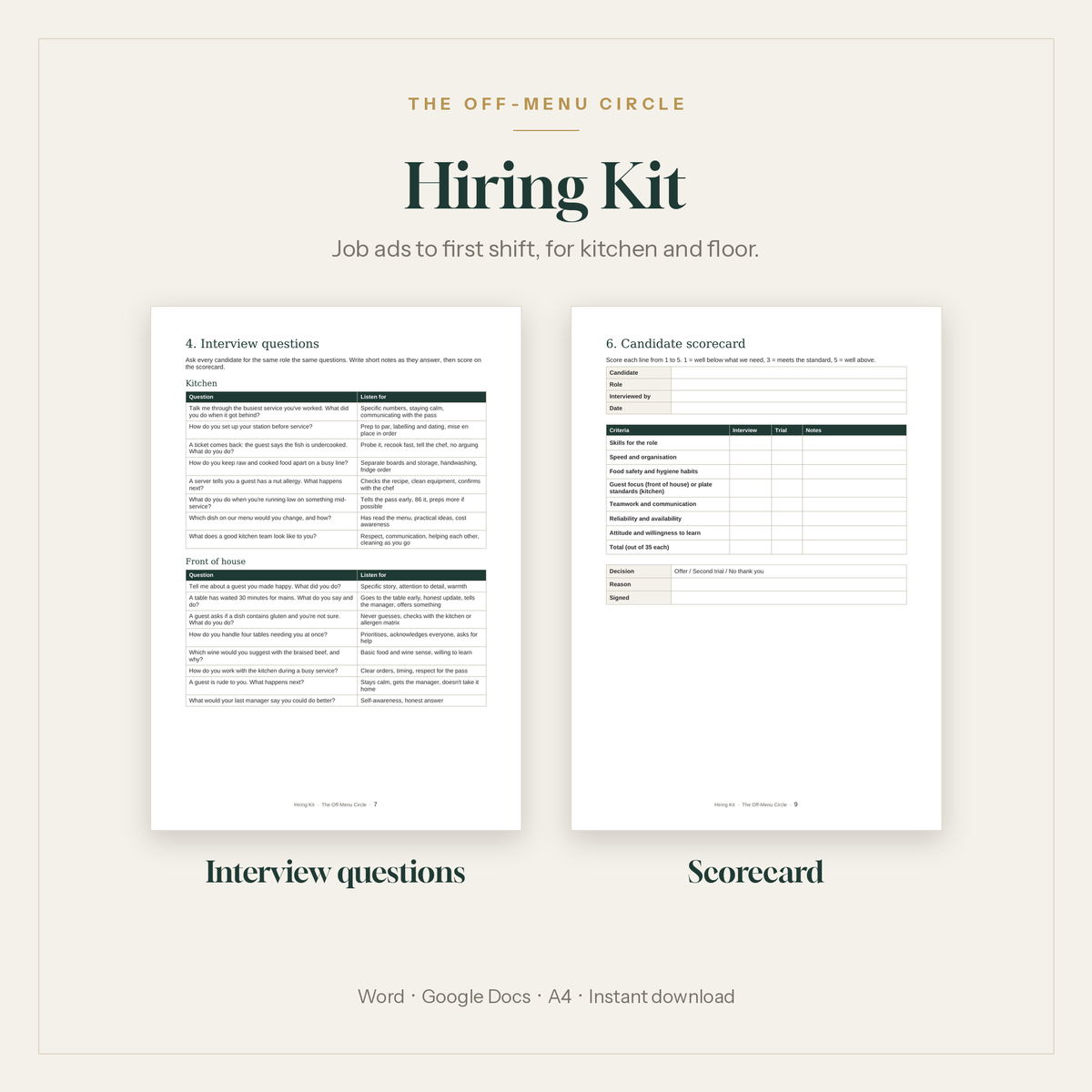Hiring Kit for restaurants: job ad templates, interview questions, trial shift plan and candidate scorecard