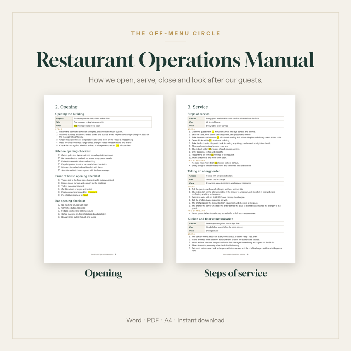 Restaurant Operations Manual template showing written procedures and opening and closing checklists for kitchen, front of house and bar
