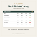 Bar and drinks costing spreadsheet showing pour cost and drink prices