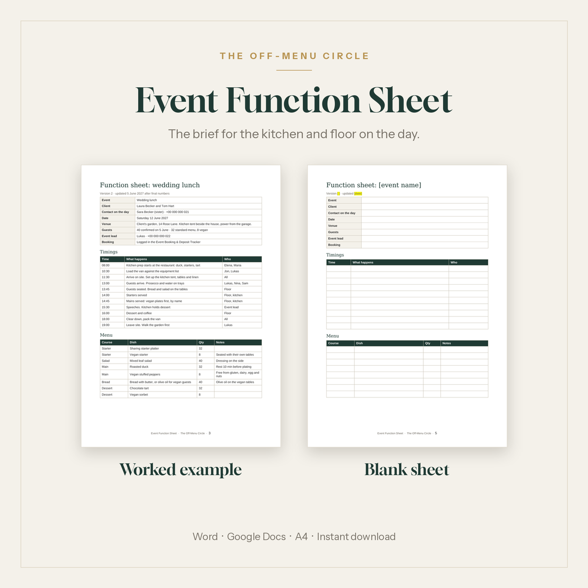 Event Function Sheet template for restaurant private events and catering, worked example and blank sheet