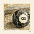 A unique sepia ink-and-wash fine art print by Kali Safwat featuring a black billiard ball on a pool table, with the number 8 rotated into an infinity symbol.