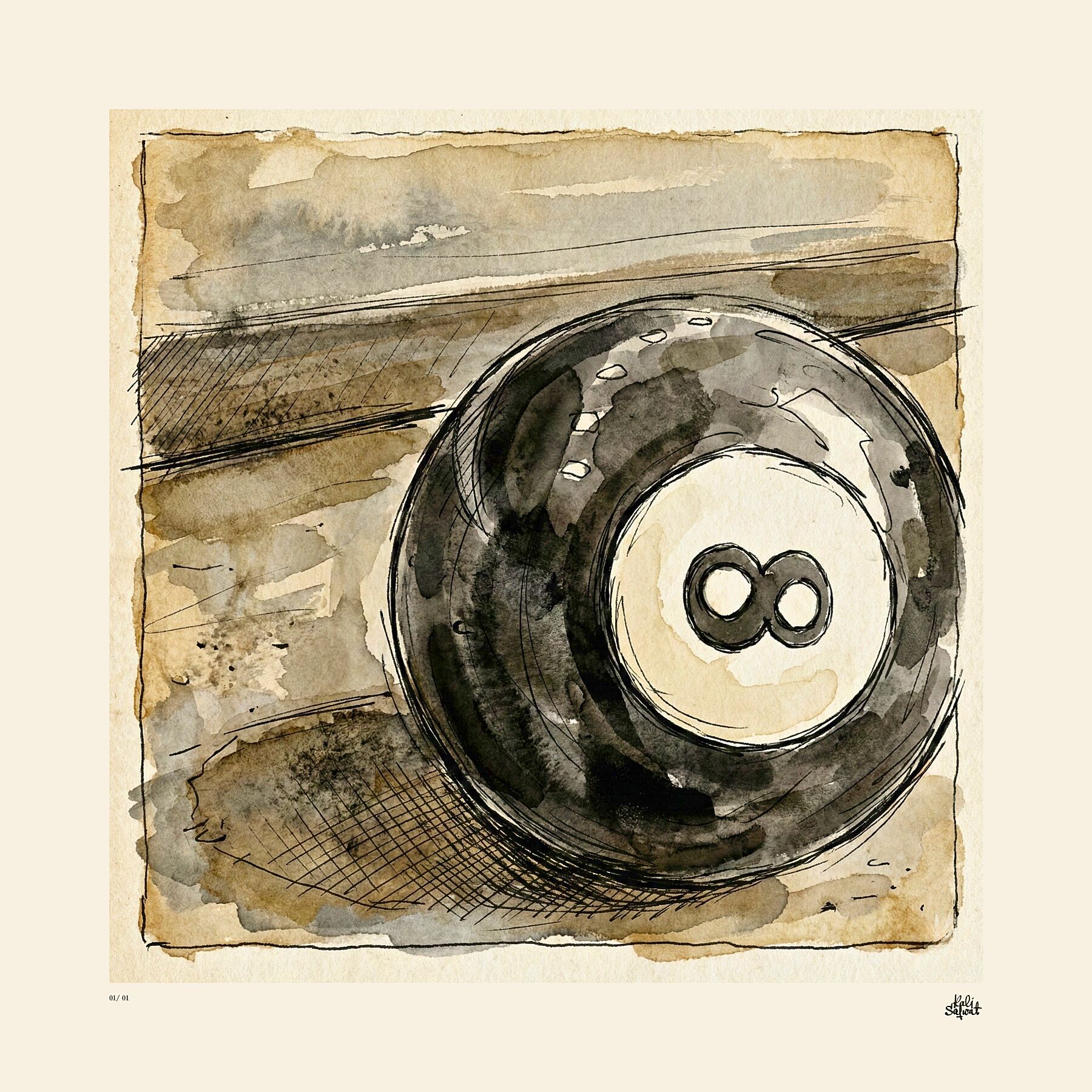 A unique sepia ink-and-wash fine art print by Kali Safwat featuring a black billiard ball on a pool table, with the number 8 rotated into an infinity symbol.