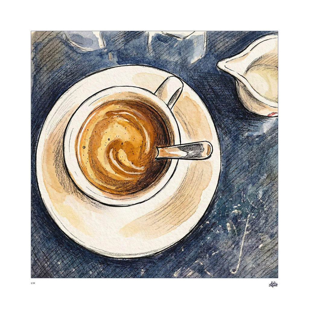 An elegant wabi-sabi style Giclée fine art print depicting a top-down view of a coffee cup with rich crema on a deep indigo background, rendered with ink and watercolour wash effects.
