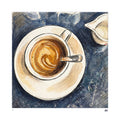 An elegant wabi-sabi style Giclée fine art print depicting a top-down view of a coffee cup with rich crema on a deep indigo background, rendered with ink and watercolour wash effects.