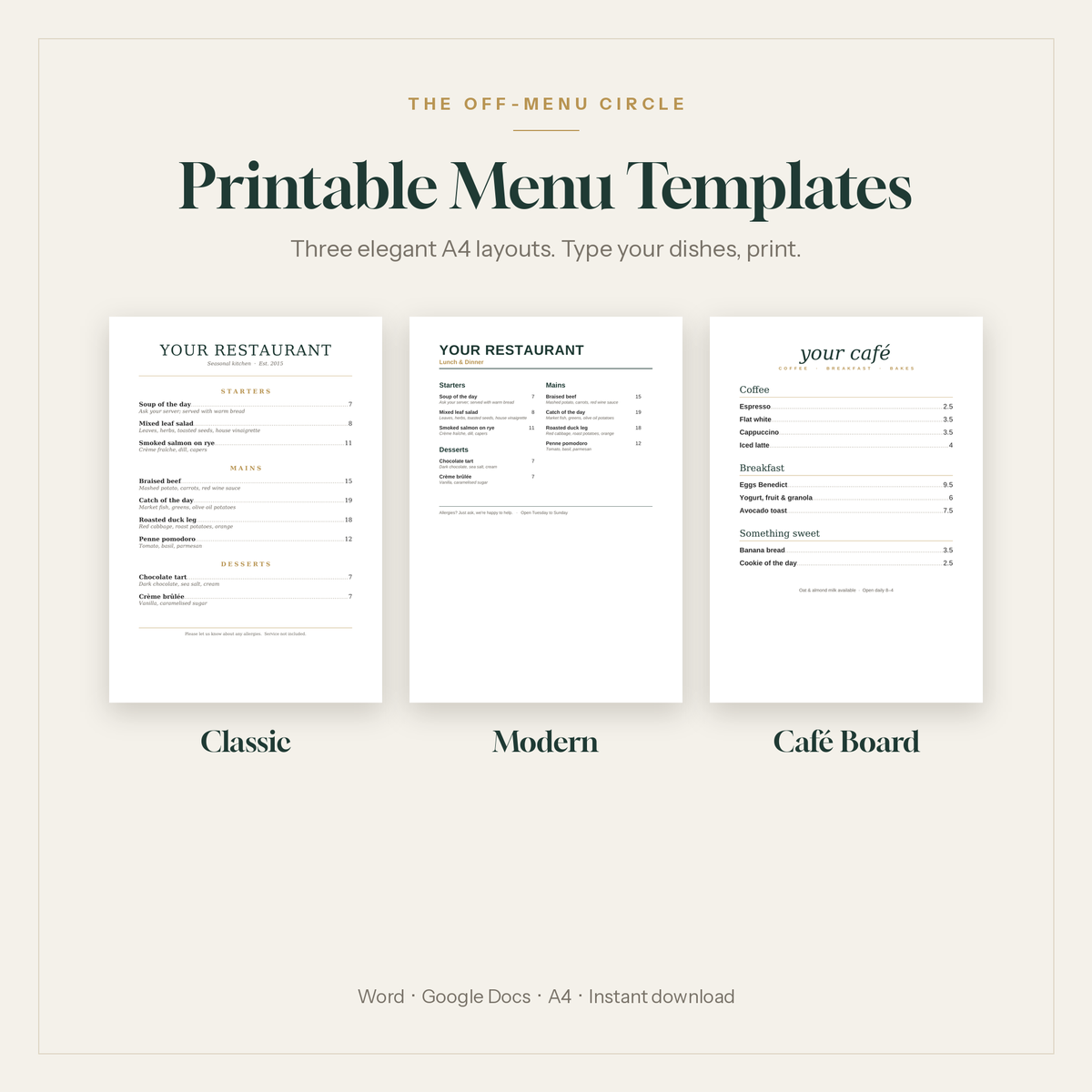 Printable restaurant and café menu templates: Classic, Modern and Café Board