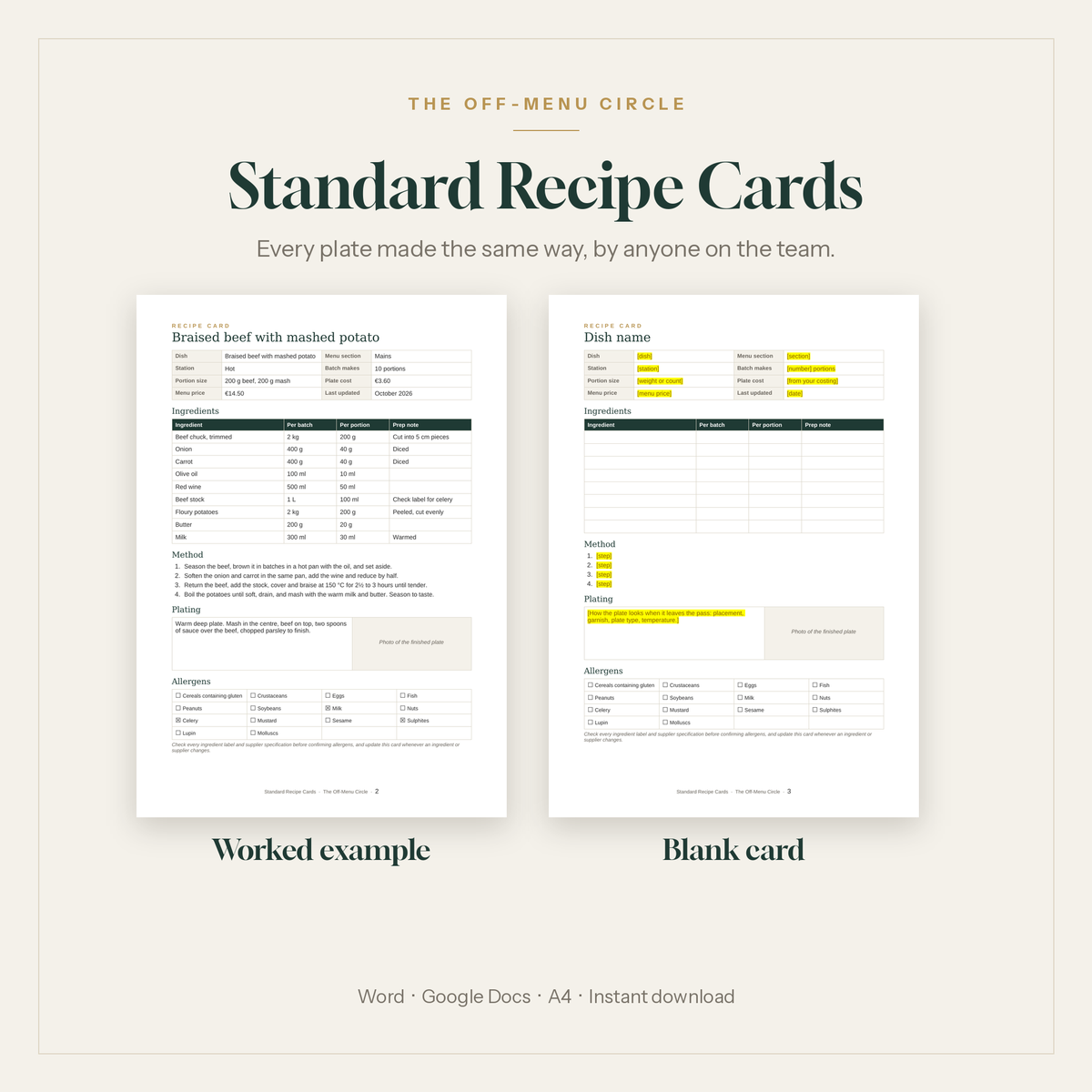Standard recipe card template for restaurant kitchens, worked example and blank card