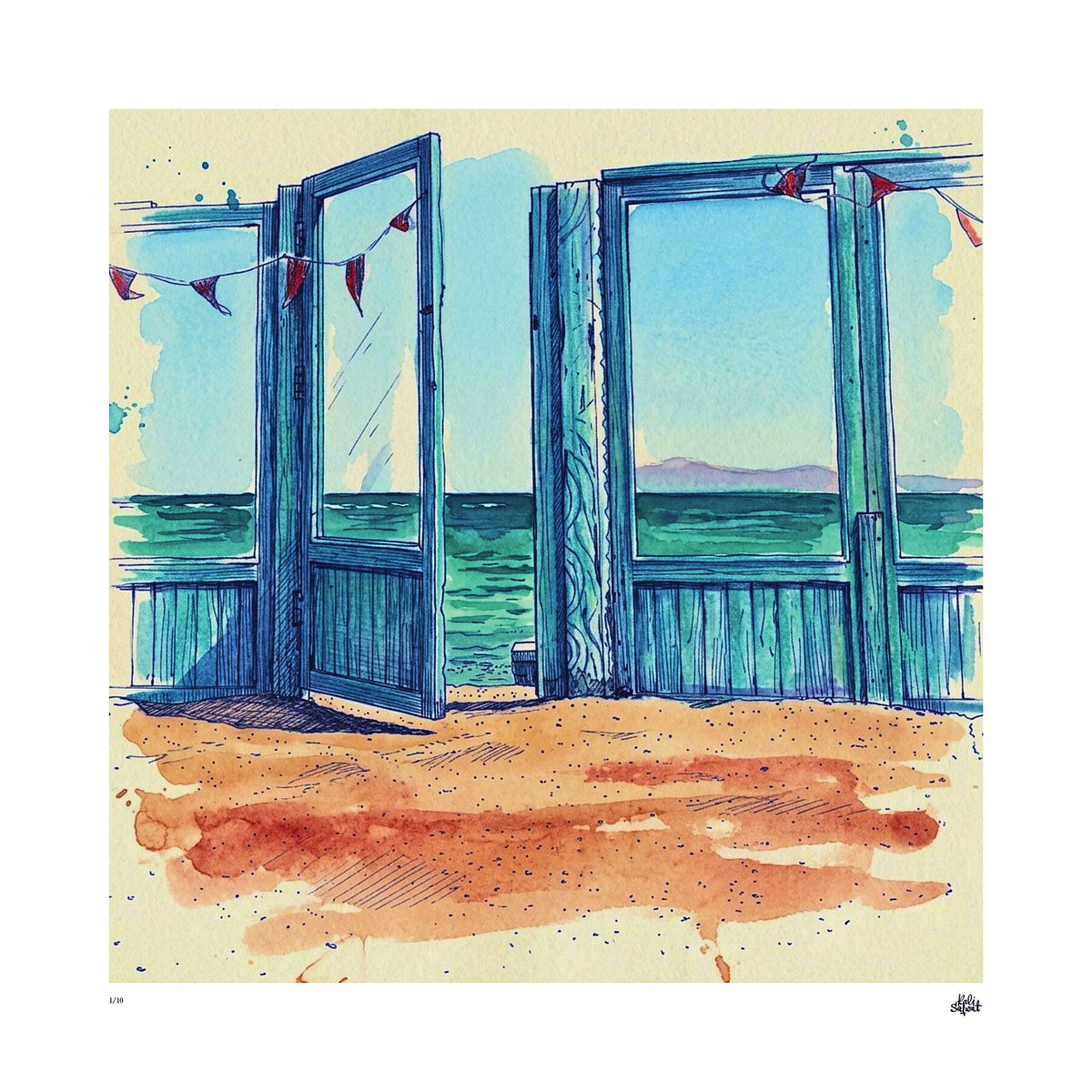 Watercolour-style study of weathered indigo doors opening onto the Red Sea in Dahab. INDEX 11 | Blue Vantage, limited edition print by Atelier INDEX